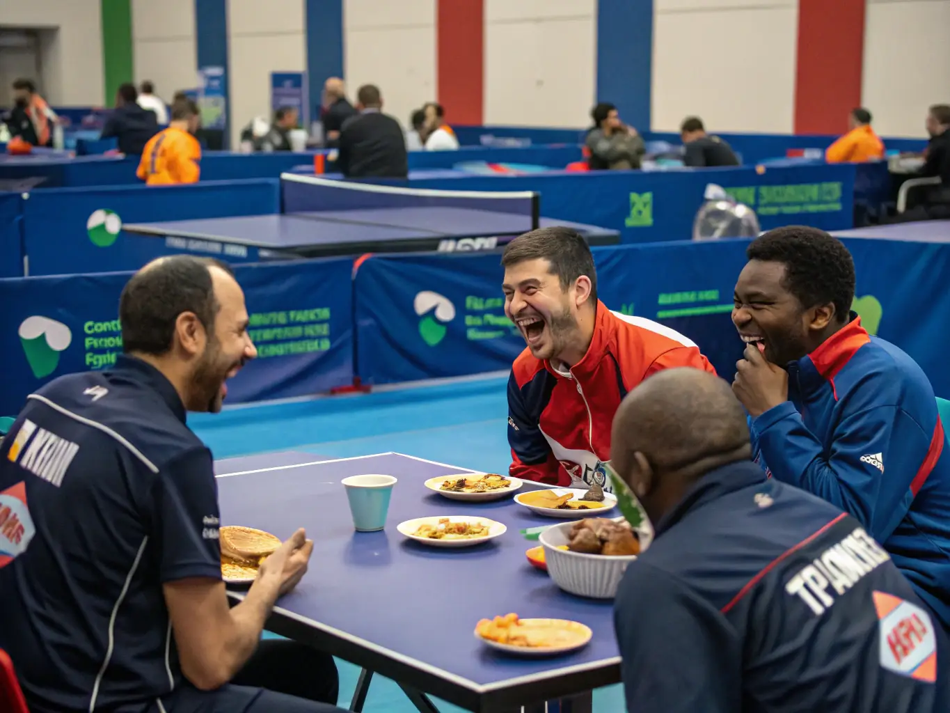 A close-up shot of players laughing and interacting during a break in a volleyball game, emphasizing the social connections and friendships formed through the sport. The image conveys a sense of community and belonging.