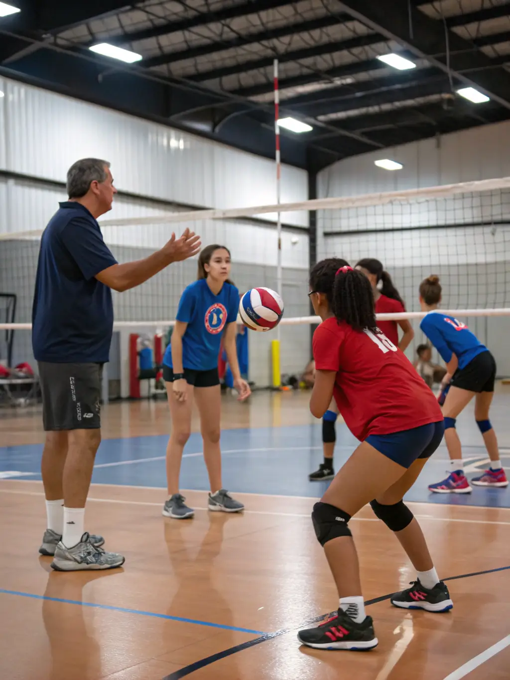Action shot of young volleyball players participating in a training session, focusing on teamwork and skill development, set against a vibrant indoor court backdrop.