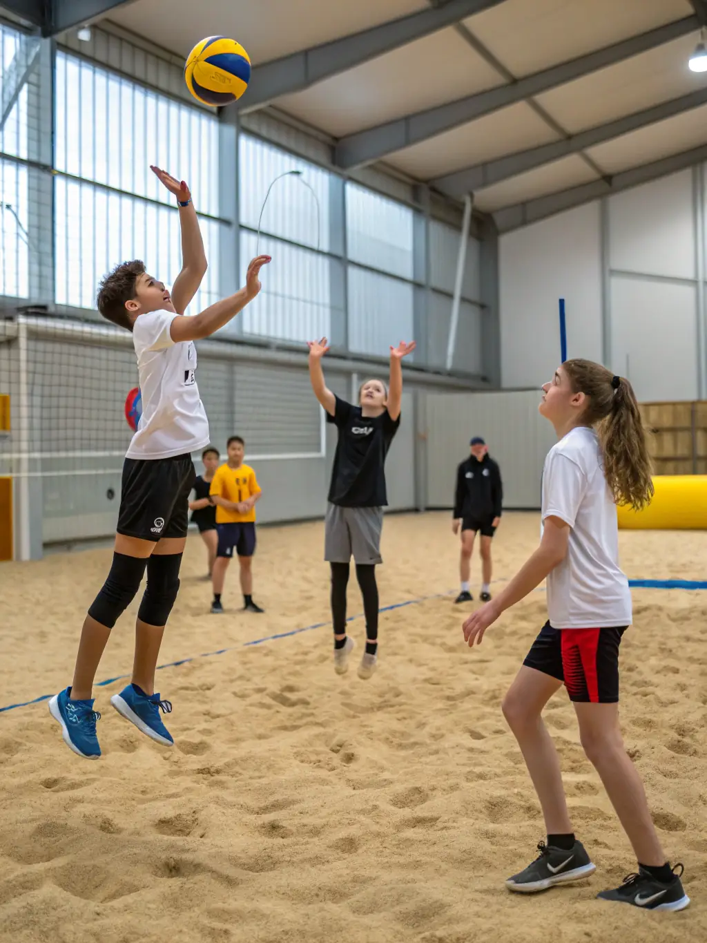 A dynamic shot of young volleyball players in action during a training session, showcasing their energy and enthusiasm.