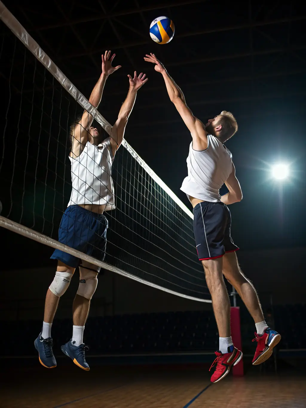 Image of adult volleyball players in a competitive match, showcasing the intensity and camaraderie of the adult league, with spectators cheering in the background.