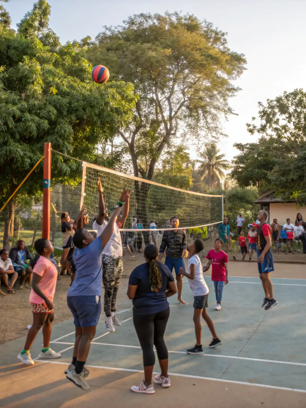 A group of volleyball enthusiasts participating in a recreational beach volleyball game, emphasizing the fun and social aspect of the sport, set on a sunny beach.